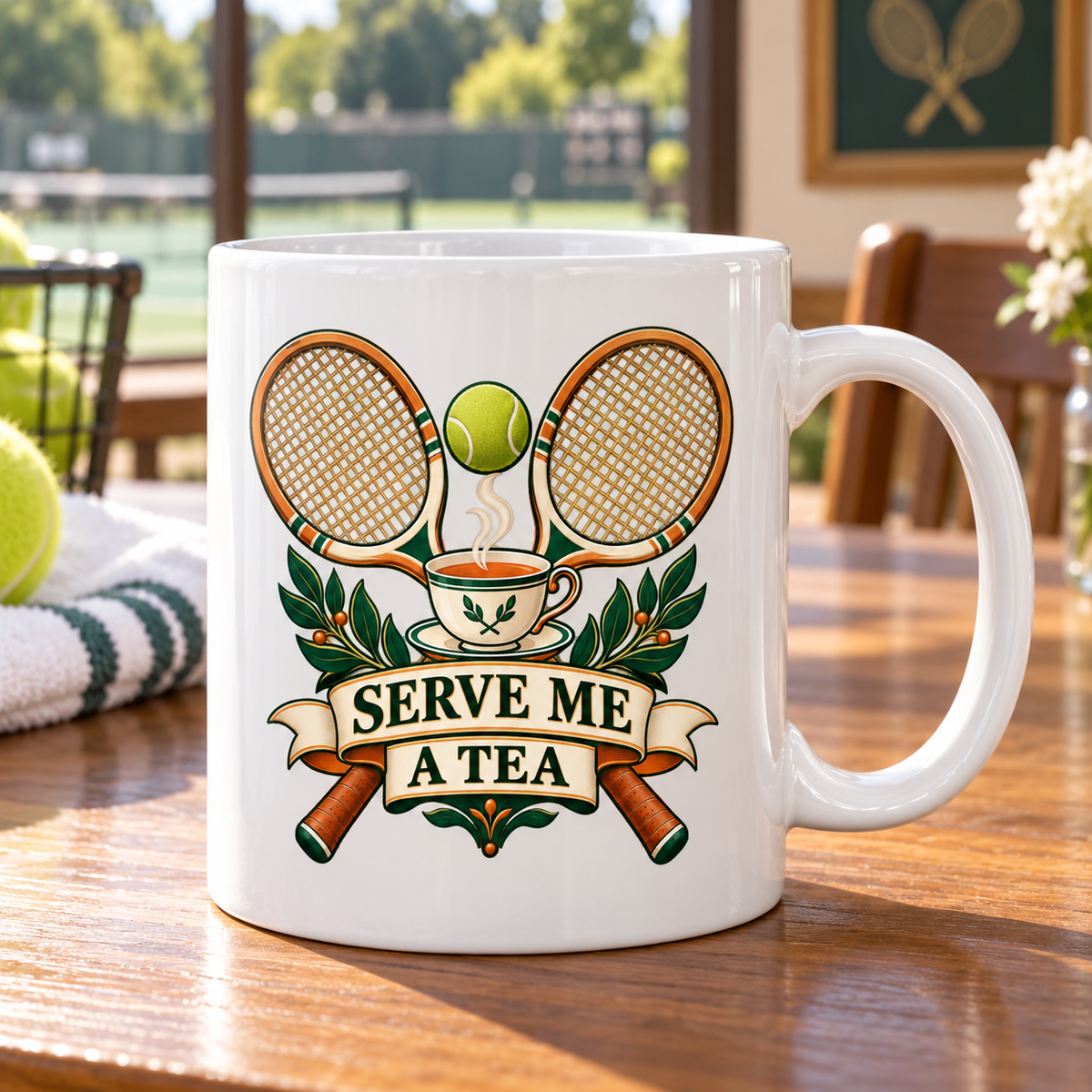 White Serve Me a Tea mug with tennis rackets and a teacup in a clubhouse setting