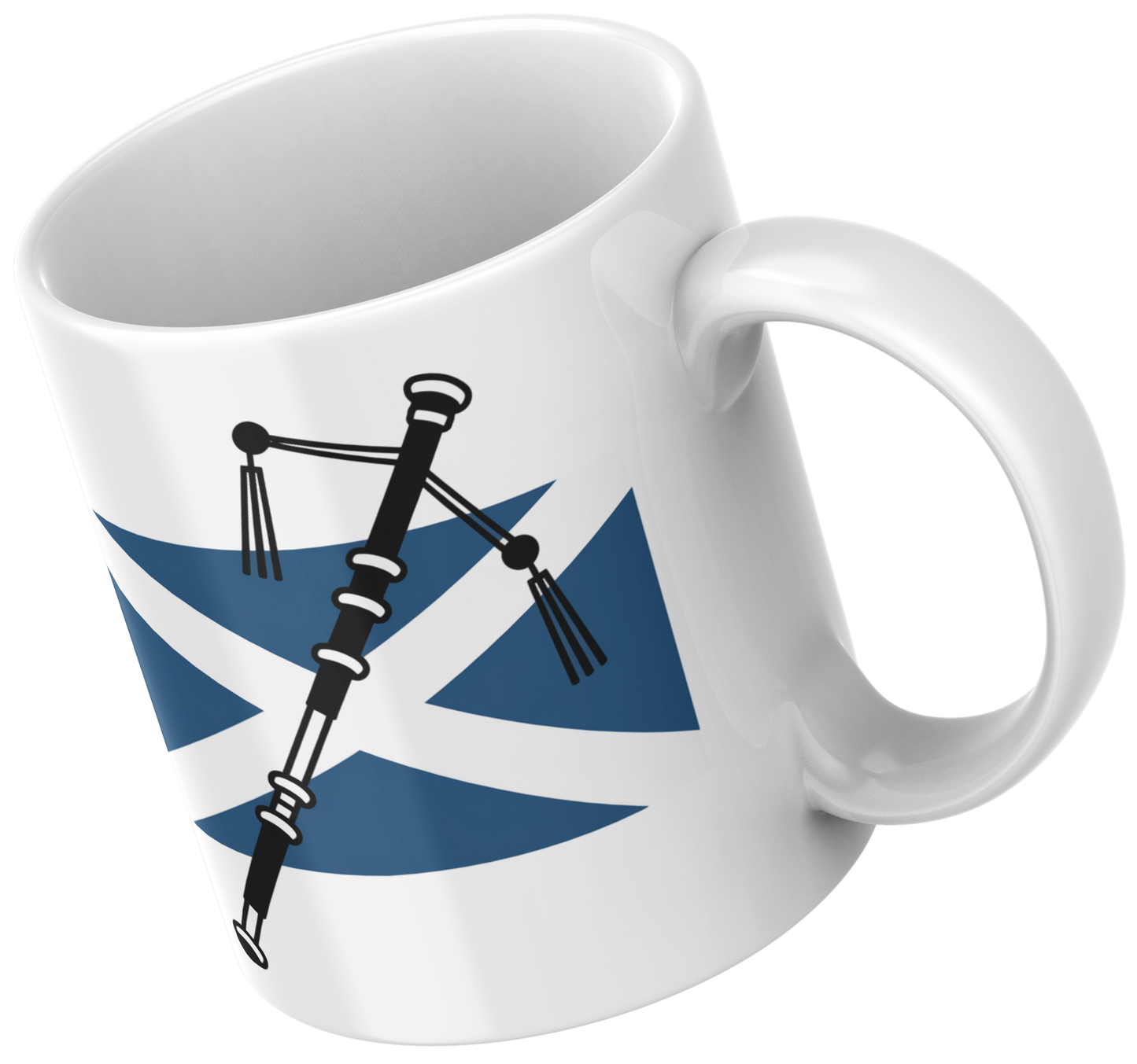 Scottish Flag Mug – Ceramic Coffee Cup with Saltire and Bagpipes Design