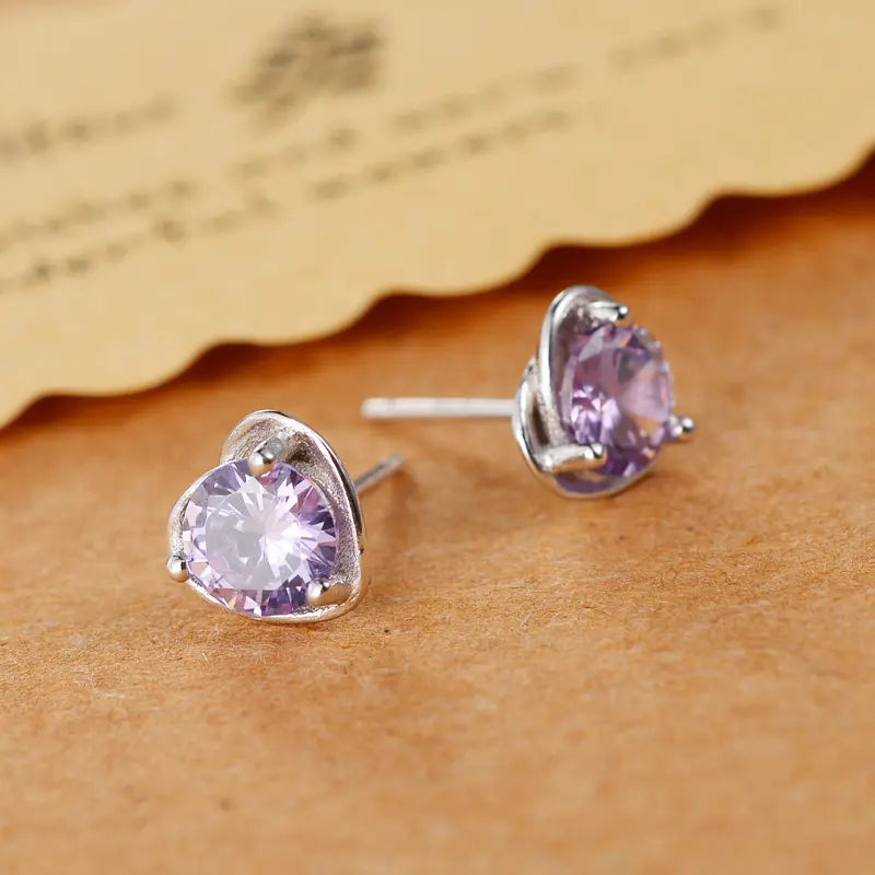 Heart Earrings With Purple Crystal Zirconia Stud 925 Silver | Ashton and Finch