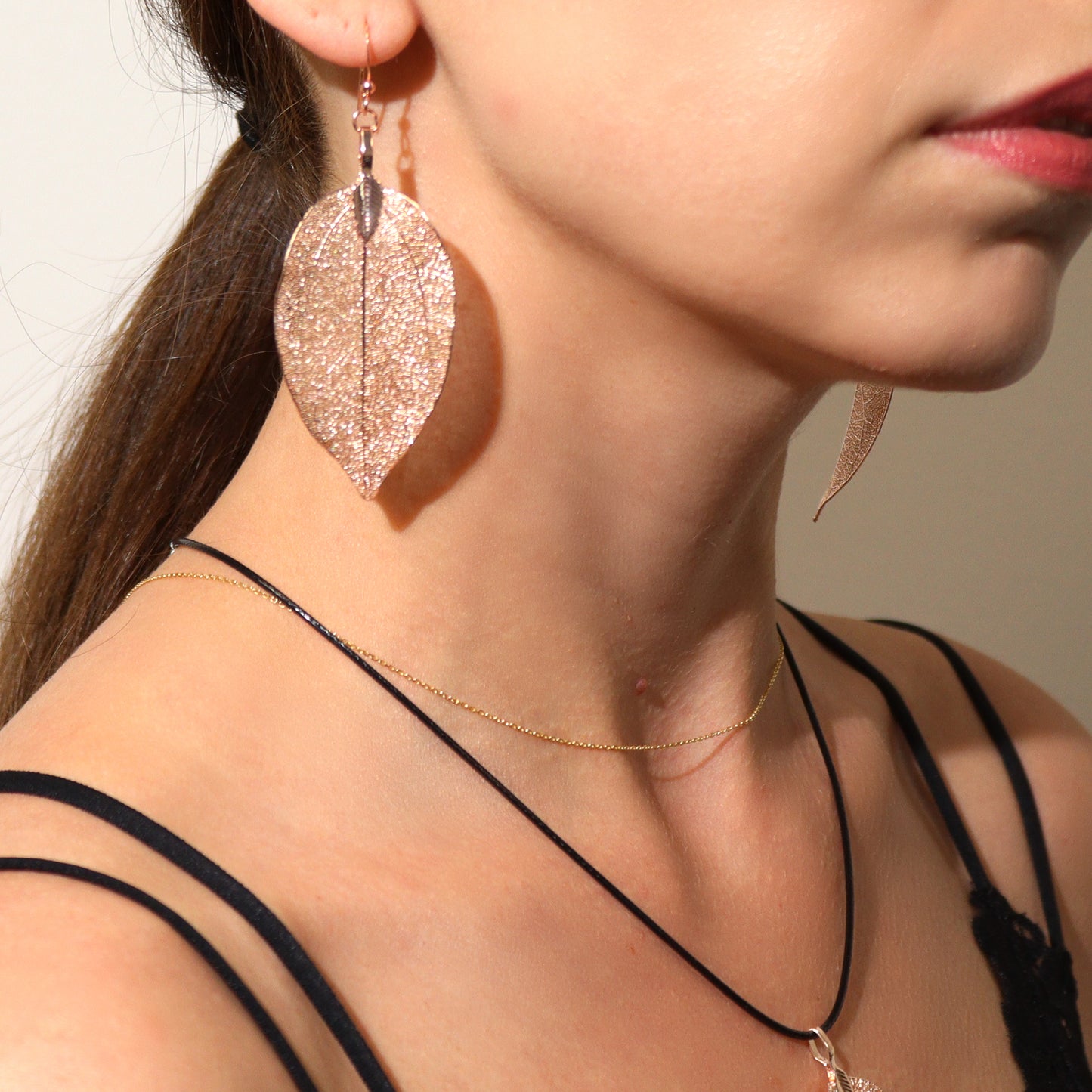 Pink Gold Bravery Leaf Necklace and Earring Set