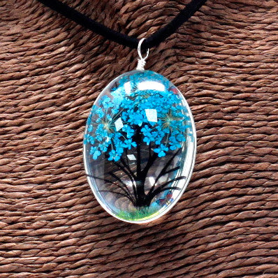 Pressed Flowers Tree of Life Necklace and Earring Set - Teal
