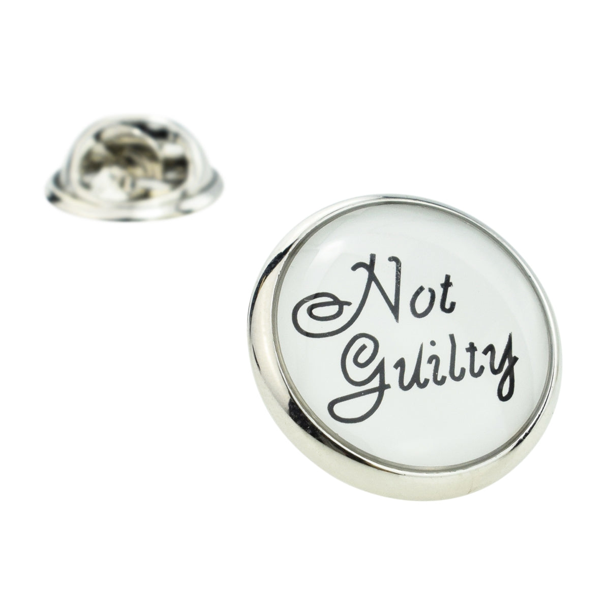 Not Guilty Script Font Lapel Pin Badge