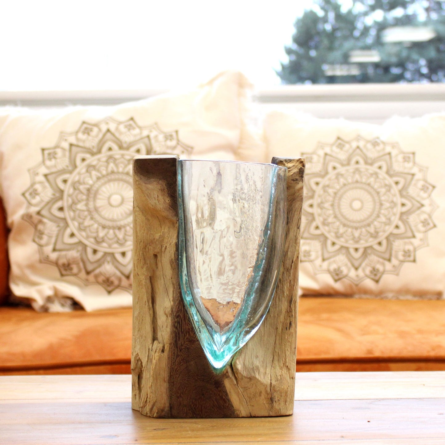 Molten Glass V-Shaped Art Vase on Wood