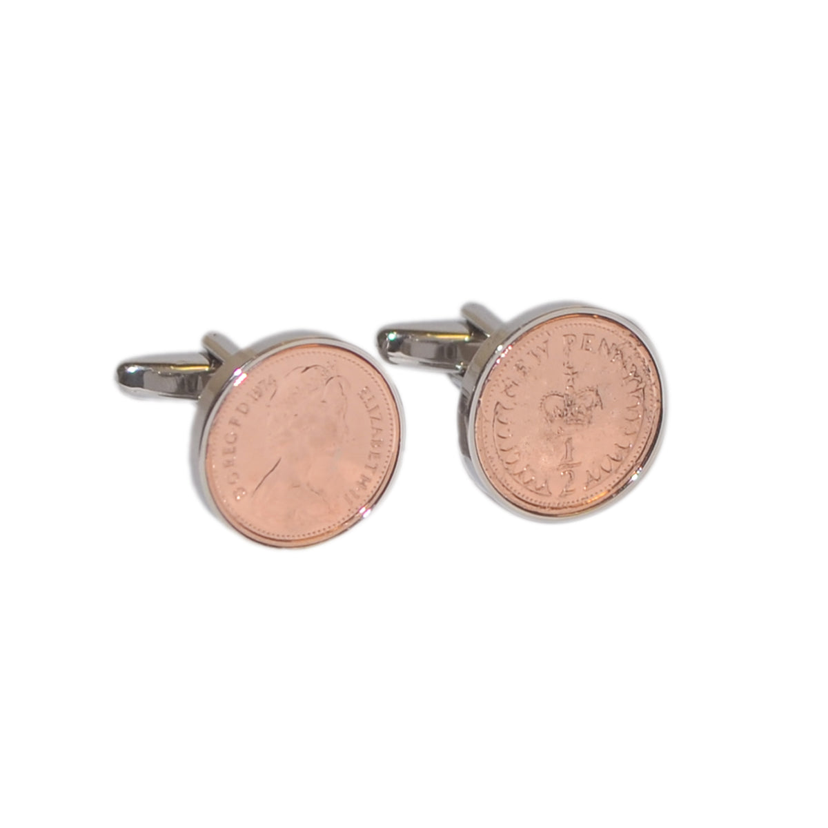 Rhodium Plated Cufflinks With Polished Decimal Half Pence Coin | Ashton and Finch