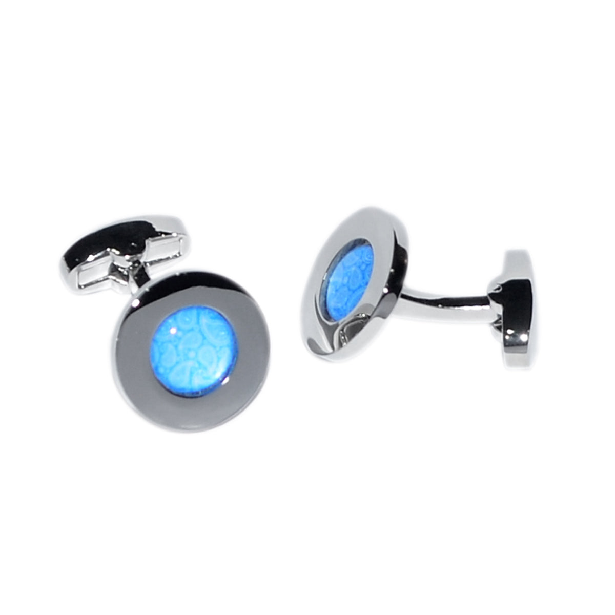 Pale Blue Paisley Centre Rhodium Plated Cufflinks | Ashton and Finch