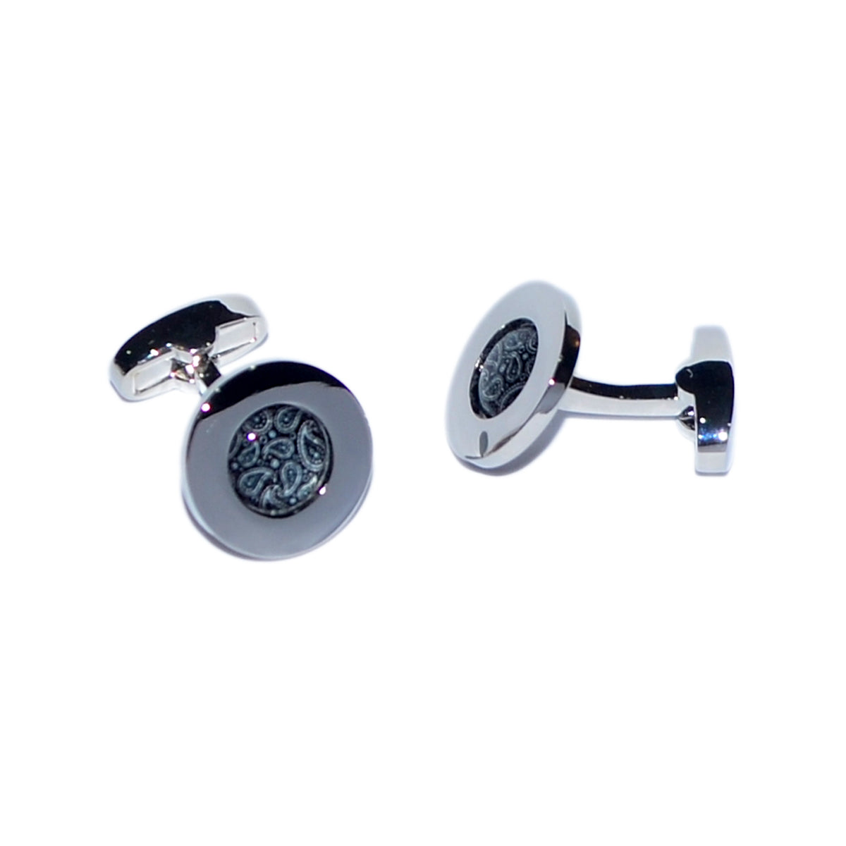 Dark Paisley Centre Rhodium Plated Cufflinks | Ashton and Finch