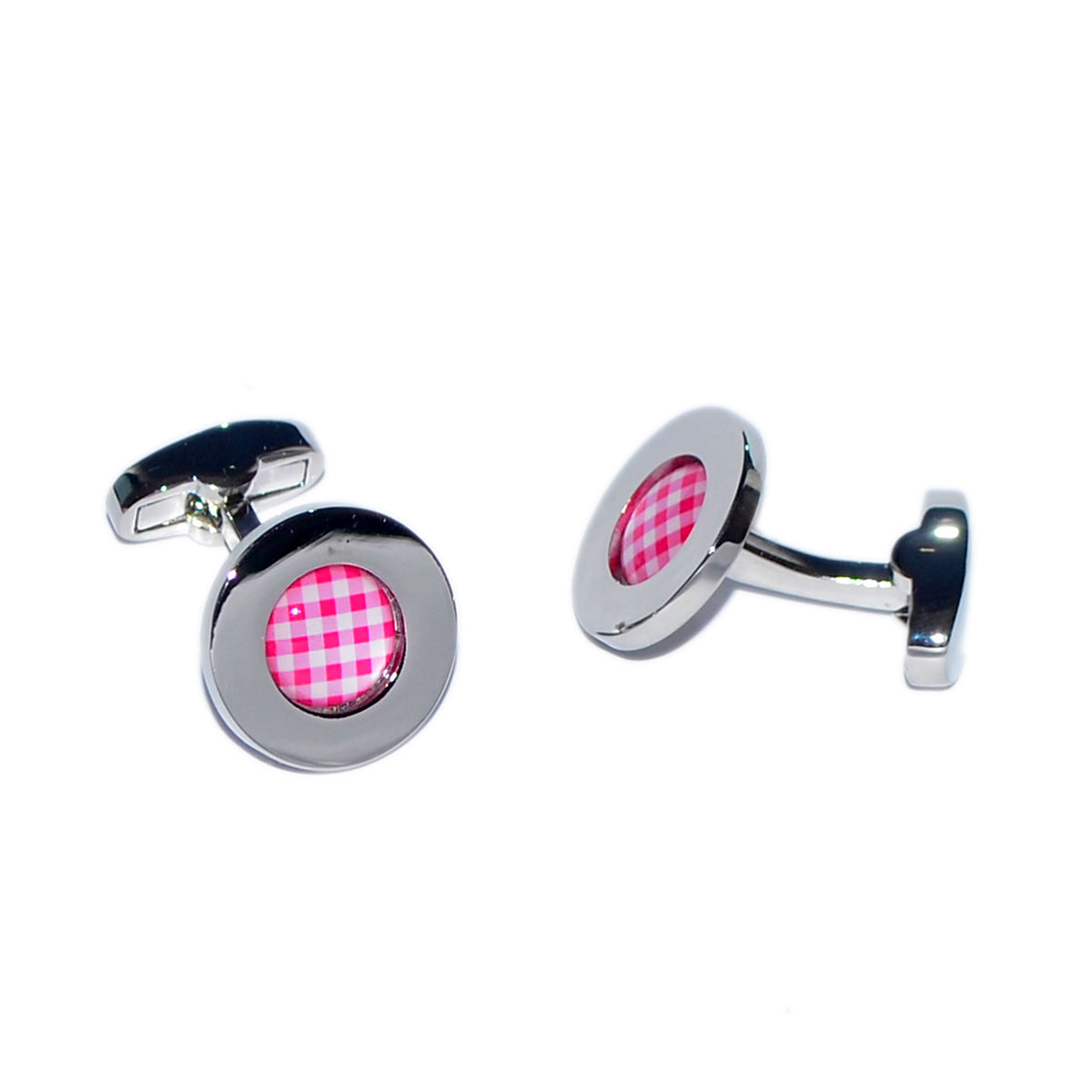 Red Gingham Pattern Centre Rhodium Plated Cufflinks | Ashton and Finch