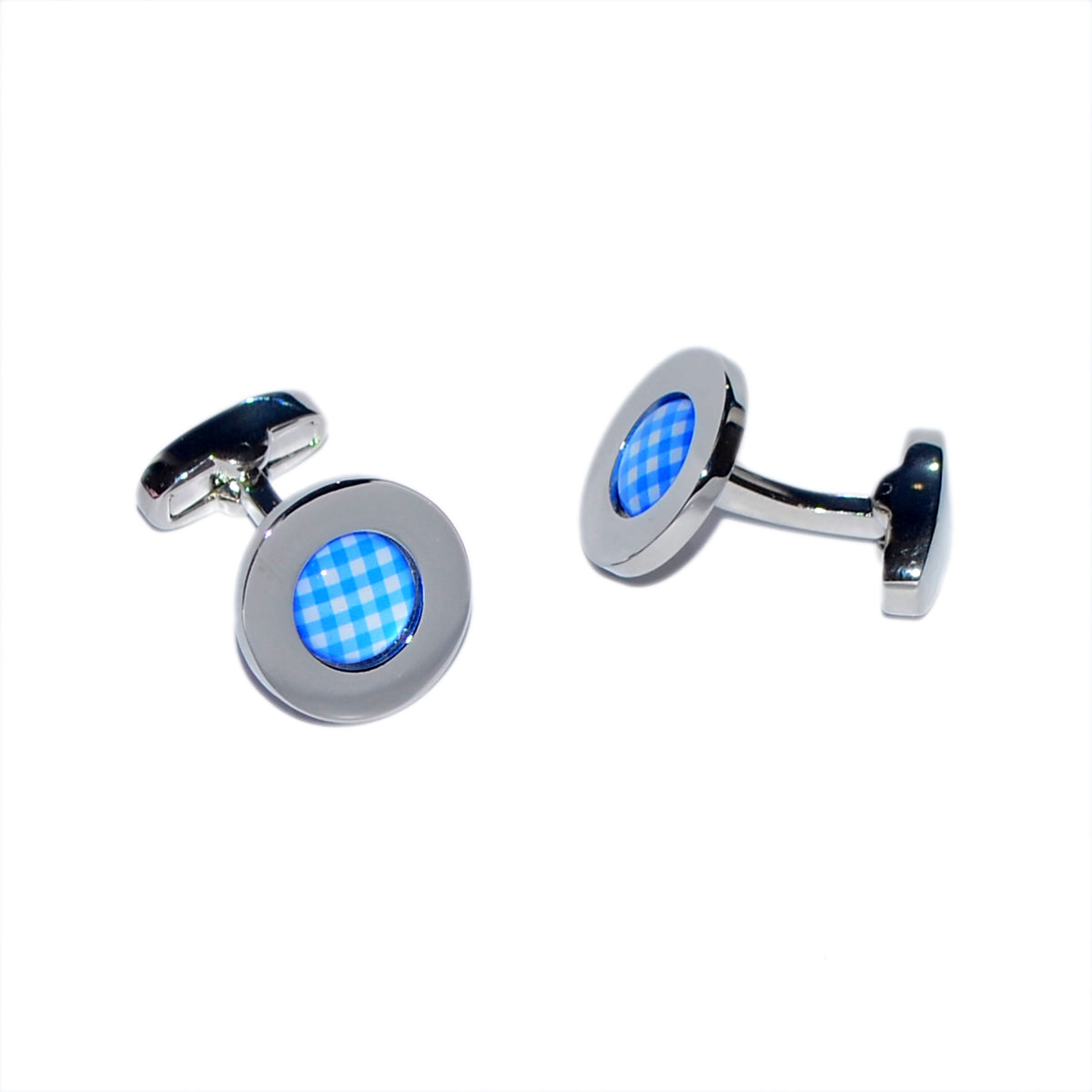 Blue Gingham Pattern Centre Rhodium Plated Cufflinks | Ashton and Finch