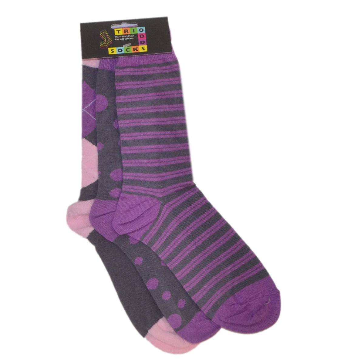 Trio Of Unmatched One And Half Pairs Purple Patterned Socks| Ashton and Finch