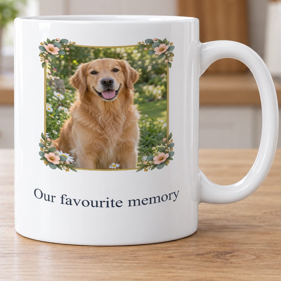 Taller floral photo mug with large personalised message — upload your own photo