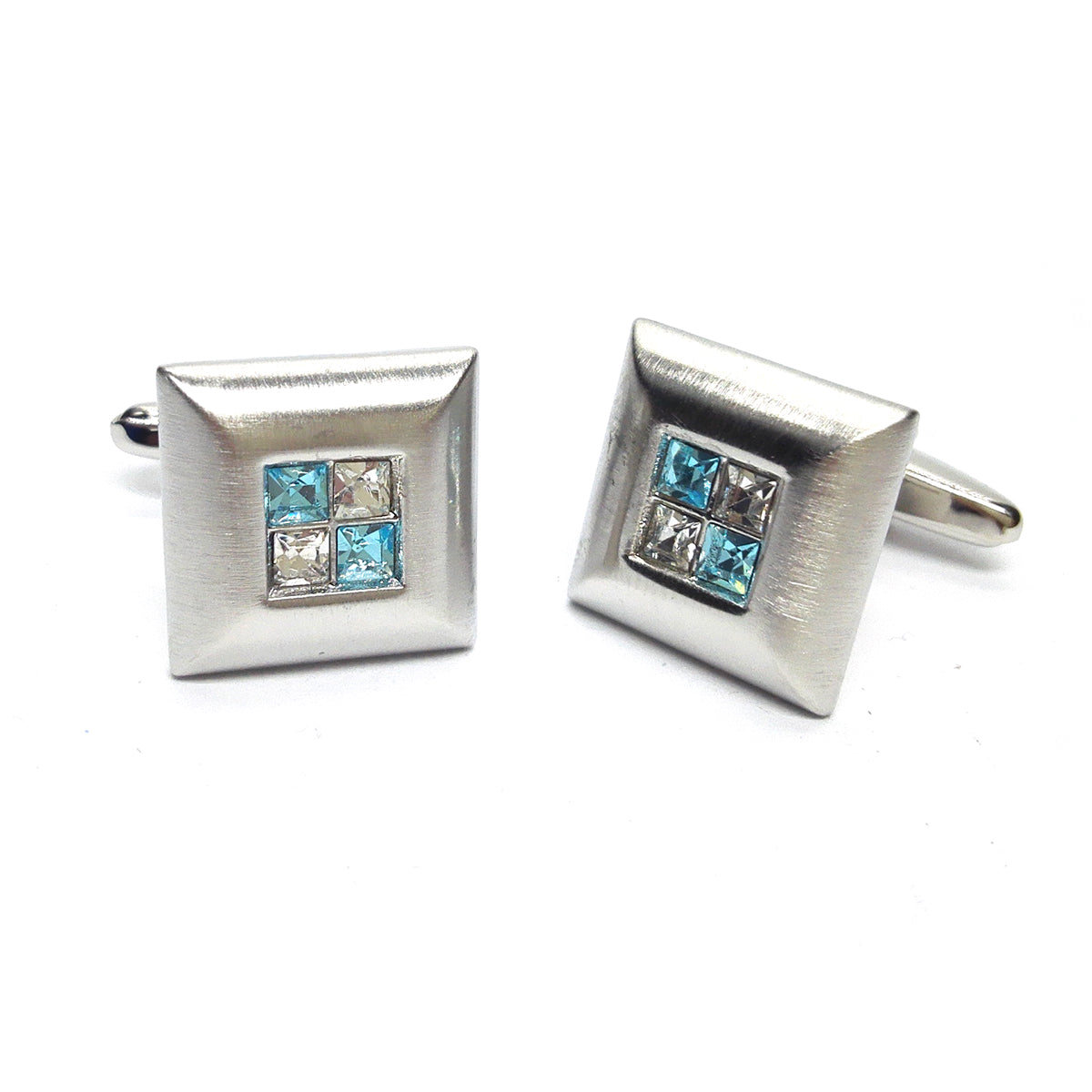 Brushed Metal with Crystal Sapphire Stones Classic Cufflinks | Ashton and Finch