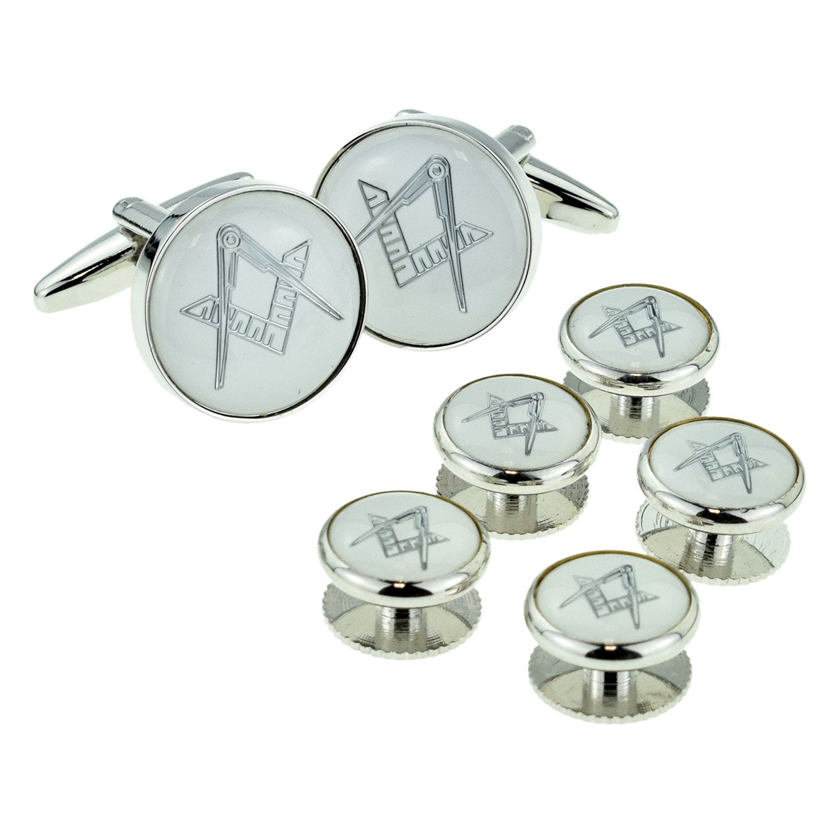 White & Silver Enamelled Masonic Cufflinks & 5 Button Stud Set | Ashton and Finch