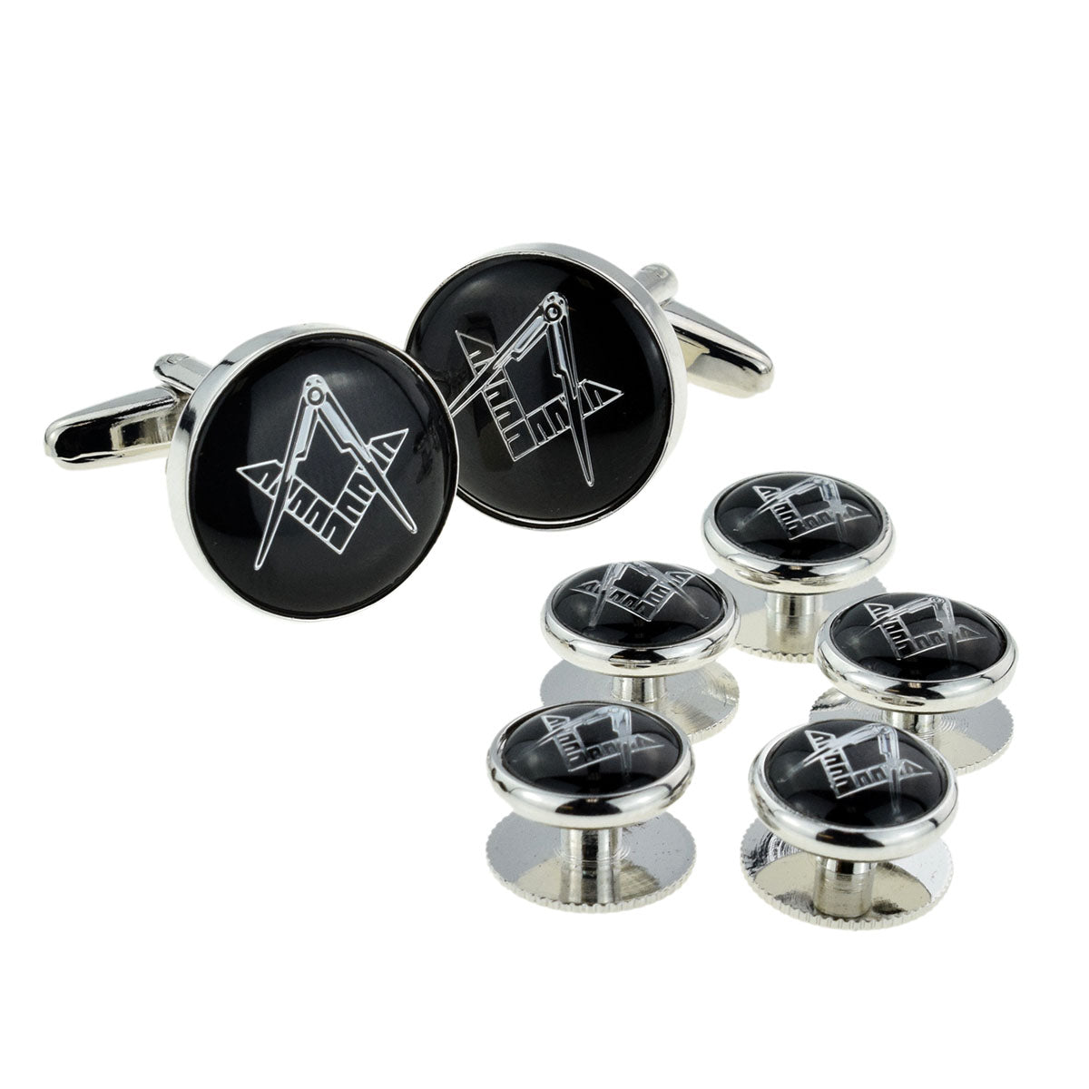 Black & Silver Enamelled Masonic Cufflinks & 5 Button Stud Set | Ashton and Finch