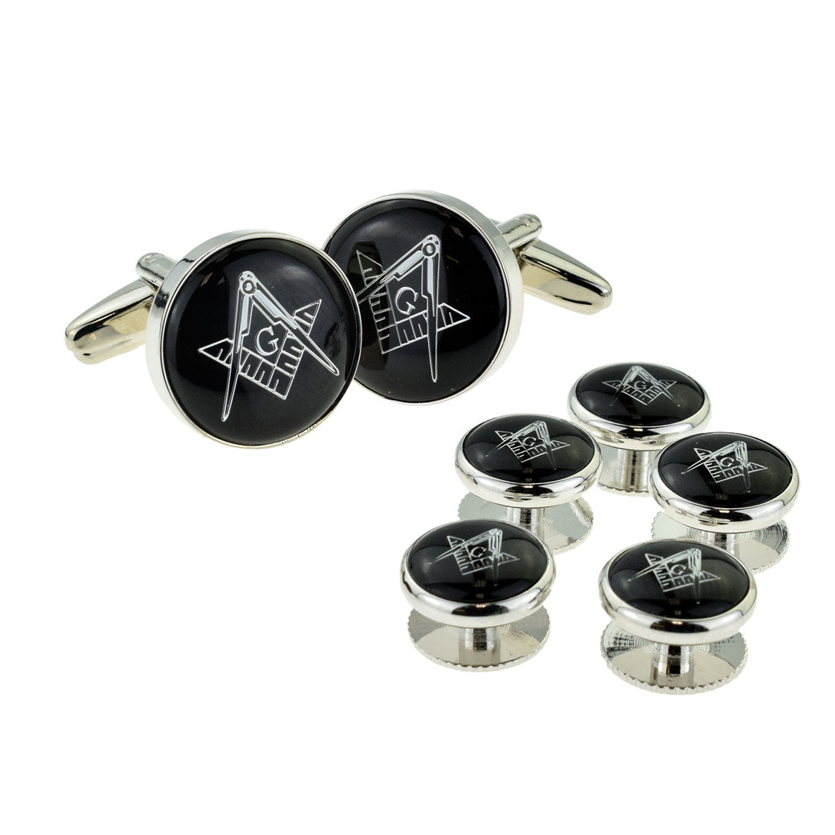 Black & Silver Enamelled Masonic Cufflinks with G & 5 Button Stud Set | Ashton and Finch