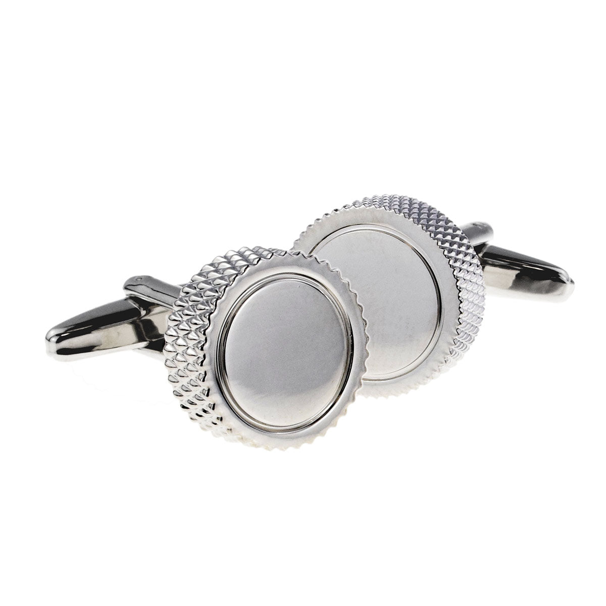 Round 15mm Rhodium Plated Classic Cufflinks Engine Turned Sides (engravable) | Ashton and Finch