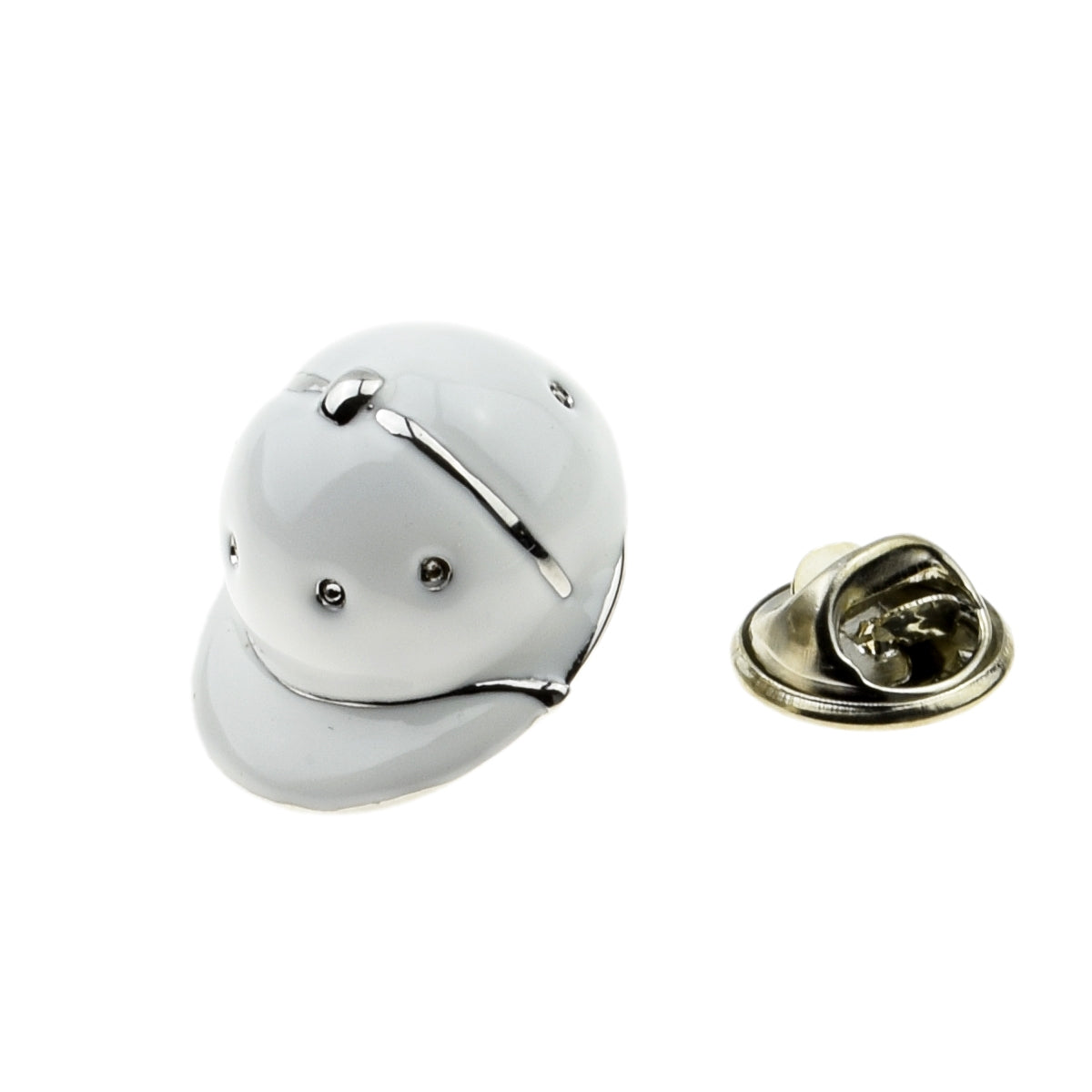 White Enamel & Metal Polo Equestrian Horse Riders Cap Helmet Lapel Pin Badge
