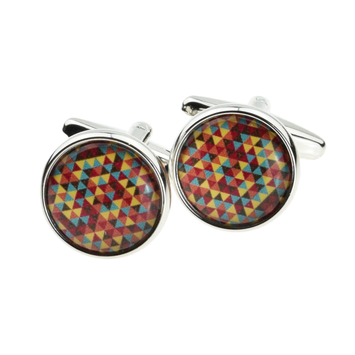 Multicoloured Triangles Design Round Cufflinks | Ashton and Finch