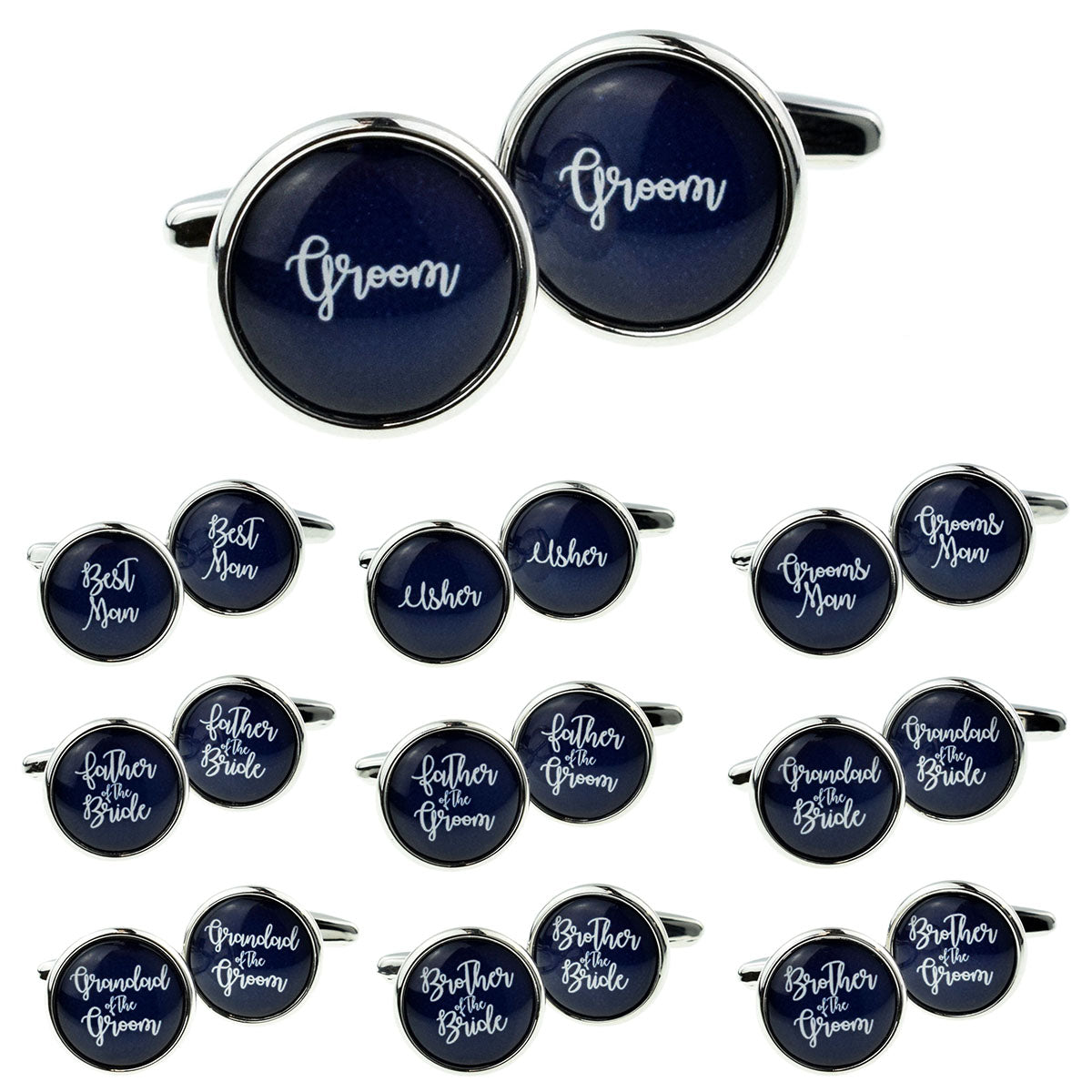 Navy Blue Wedding Cufflinks with White Script Font | Ashton and Finch