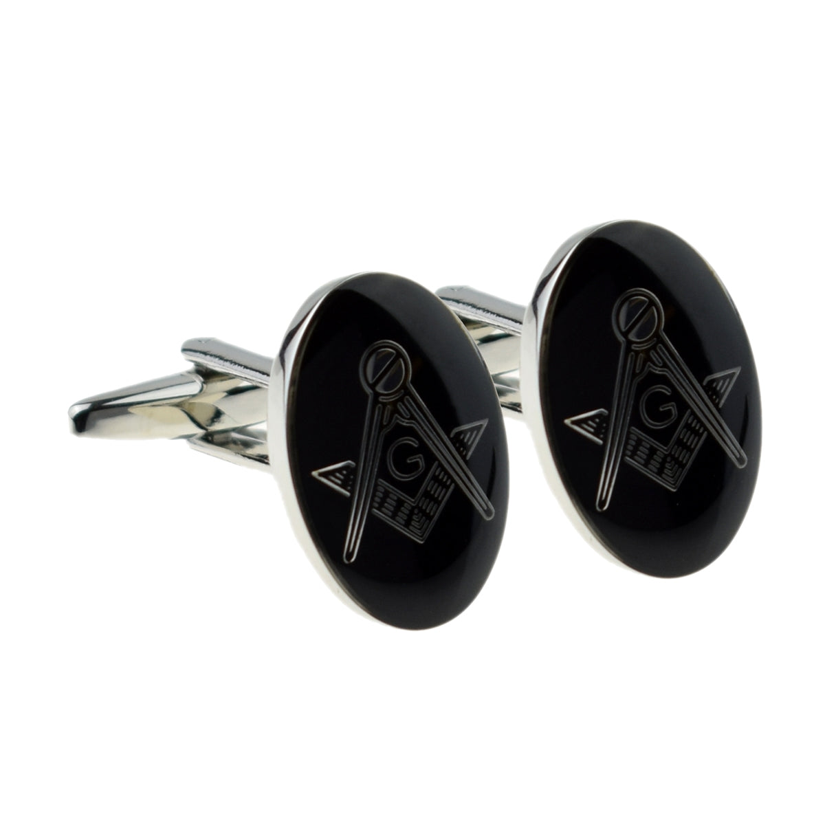 Rhodium Plated Black Oval Masonic Cufflinks (With G) | Ashton and Finch