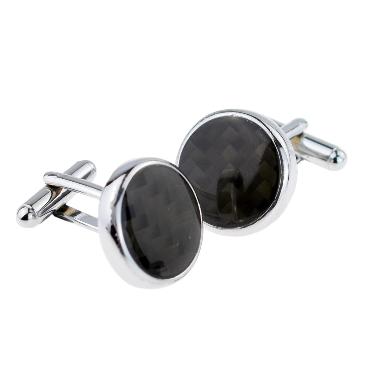 Round Rhodium Plated Carbon Fibre Cufflinks | Ashton and Finch