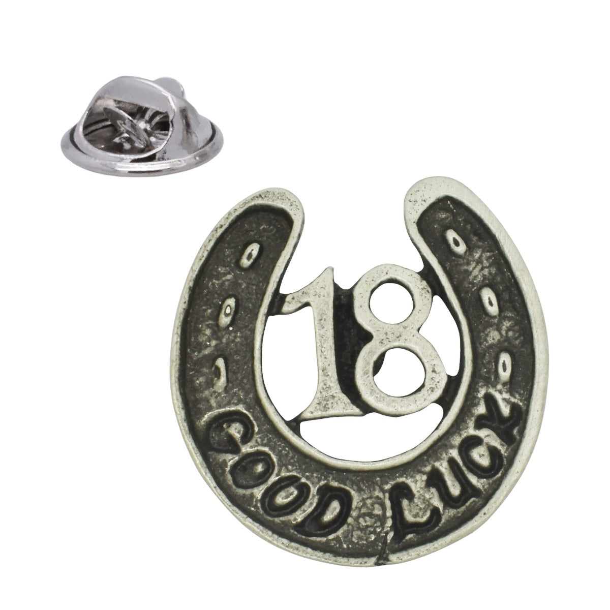 Good Luck 18 Horseshoe English Made Pewter Lapel Pin Badge