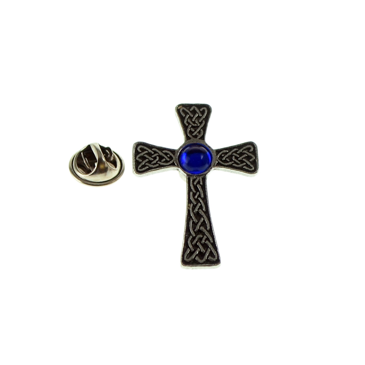 Blue Celtic Gem Cross Pewter Lapel Pin Badge