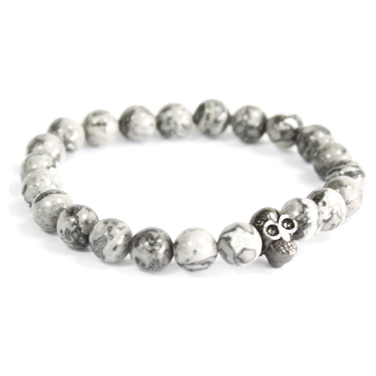 3 x Pewter Skull / Grey Agate - Gemstone Bracelet - Ashton and Finch
