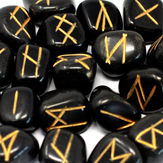 Runes Stone Set in Pouch - Black Agate - Ashton and Finch