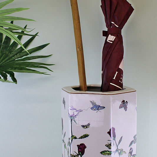 Ceramic Hexagonal Umbrella Stand With Butterfly Design - Ashton and Finch
