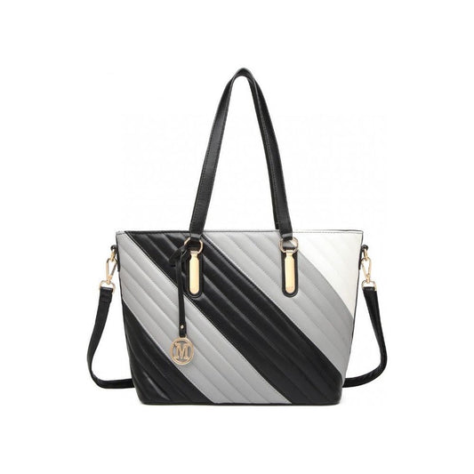 Contrast Colour Twill Leather Handbag Tote Bag - Black And Grey - Ashton and Finch