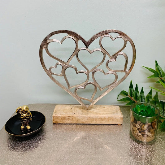 Metal Silver Hearts On A Wooden Base Small - Ashton and Finch