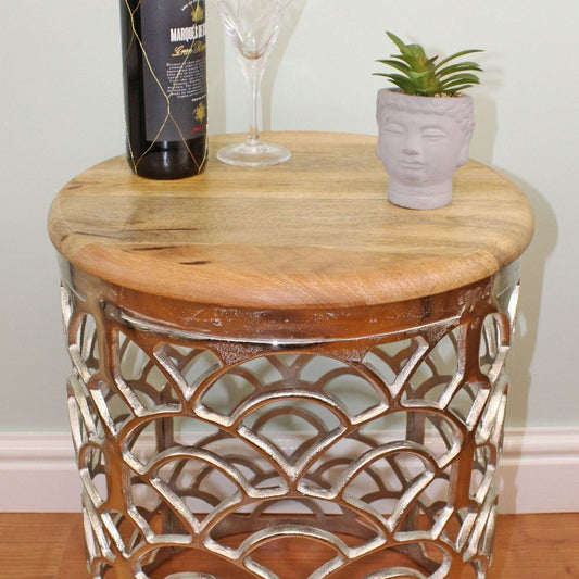 Decorative Silver Metal Side Table With A Wooden Top - Ashton and Finch