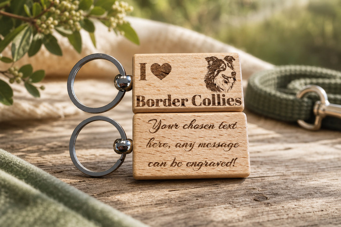 Border Collie Keyring in a themed gift-guide setting