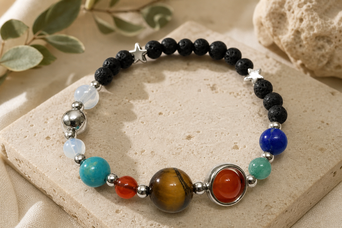 Solar System Lava Stone Silver Bracelet in a themed gift-guide setting
