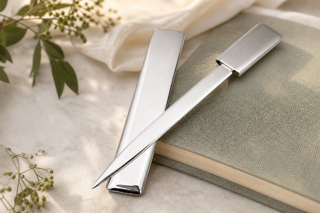 Personalised Silver Plated Letter Opener in a themed gift-guide setting