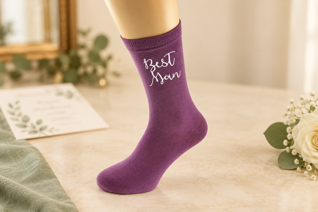 Purple Best Man socks in a muted wedding setting
