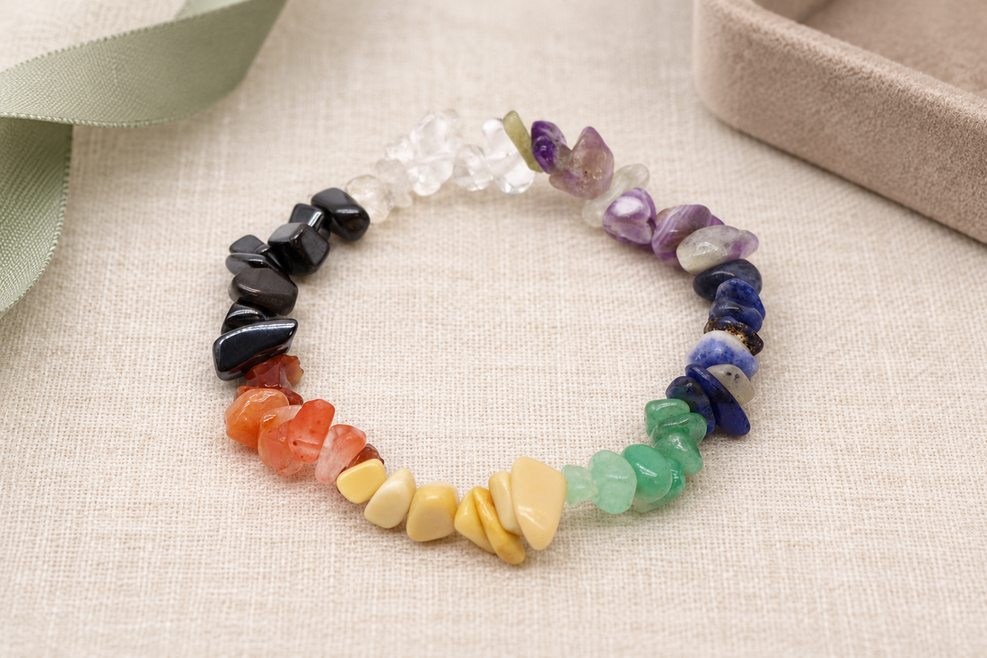 chakra-bracelet on a muted product photography background