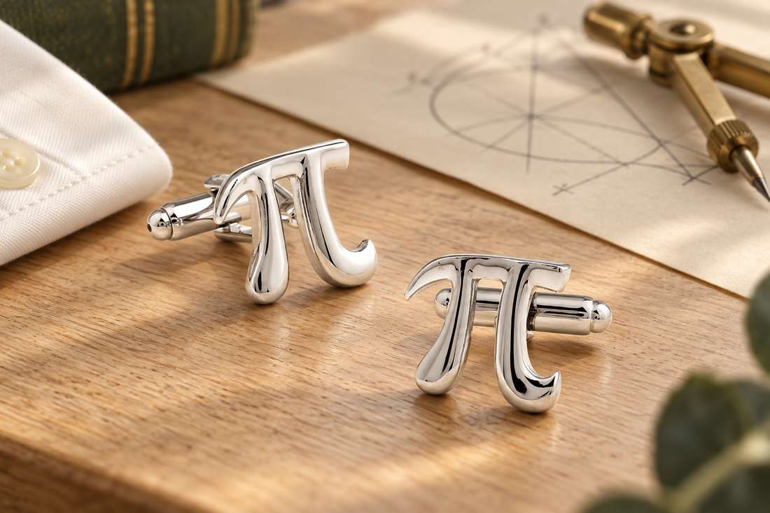 Silver pi cufflinks on a desk with geometric drawing