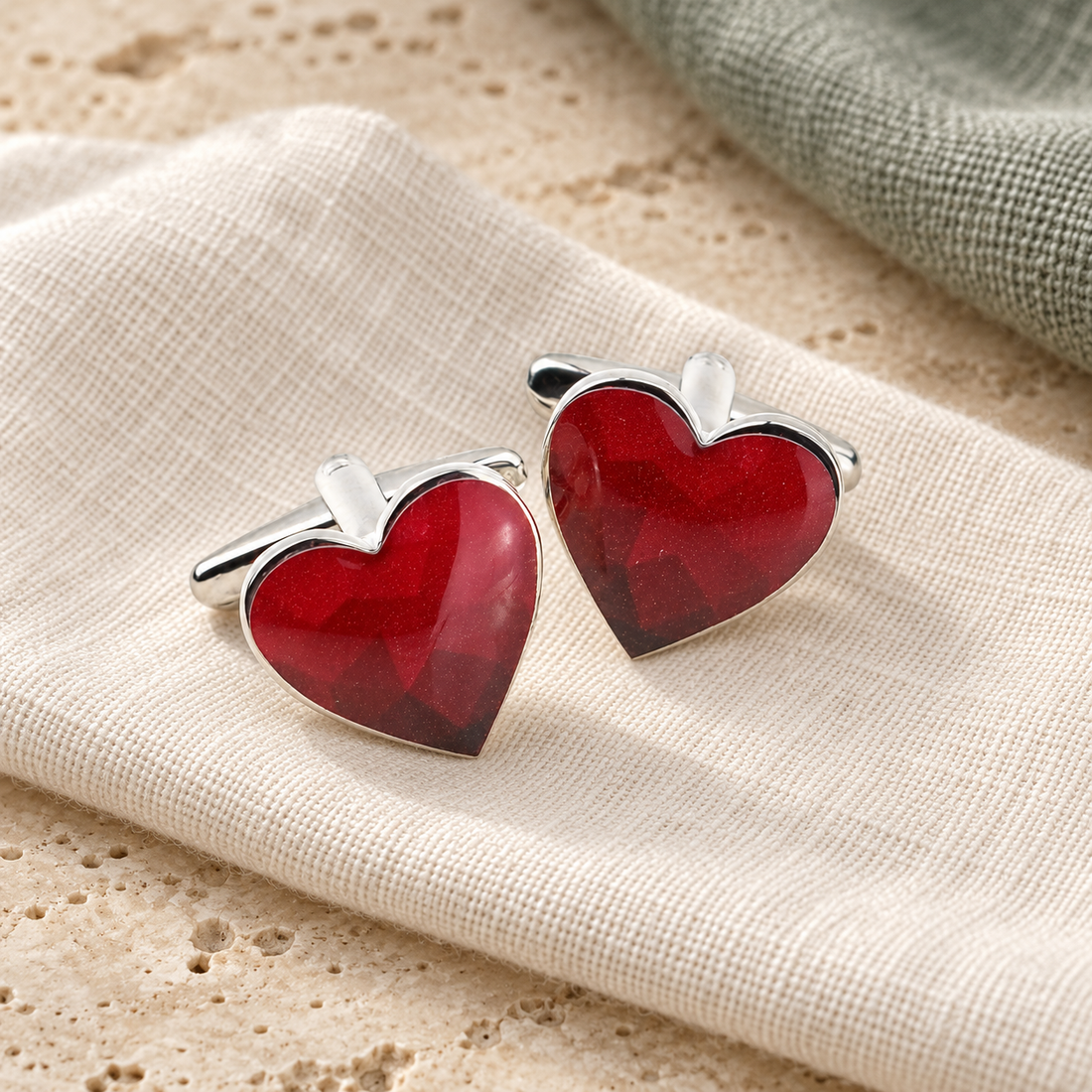 Geometric Design Red Heart Cufflinks in a muted gift setting