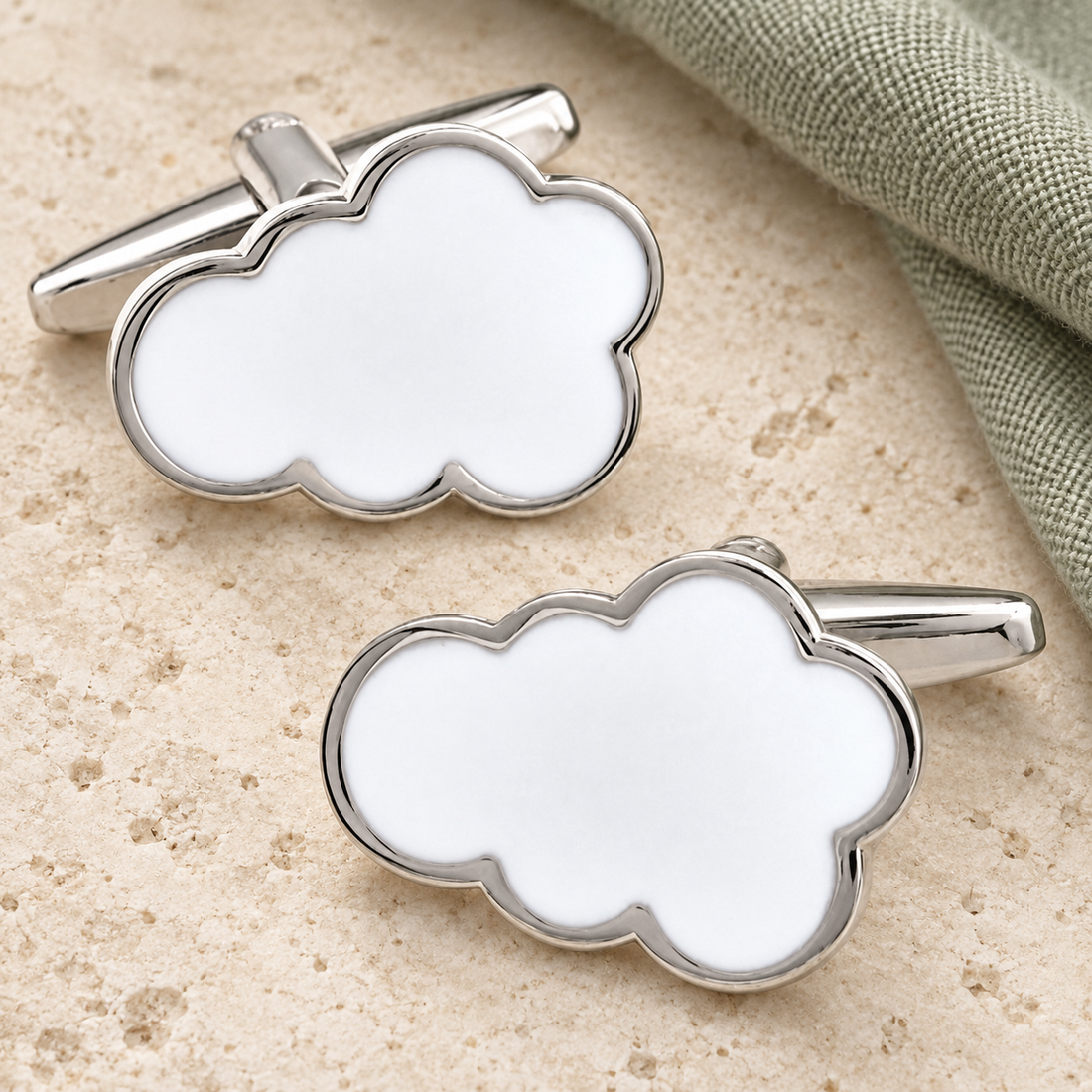 Silver And White Enamel Cloud Cufflinks in a muted gift setting