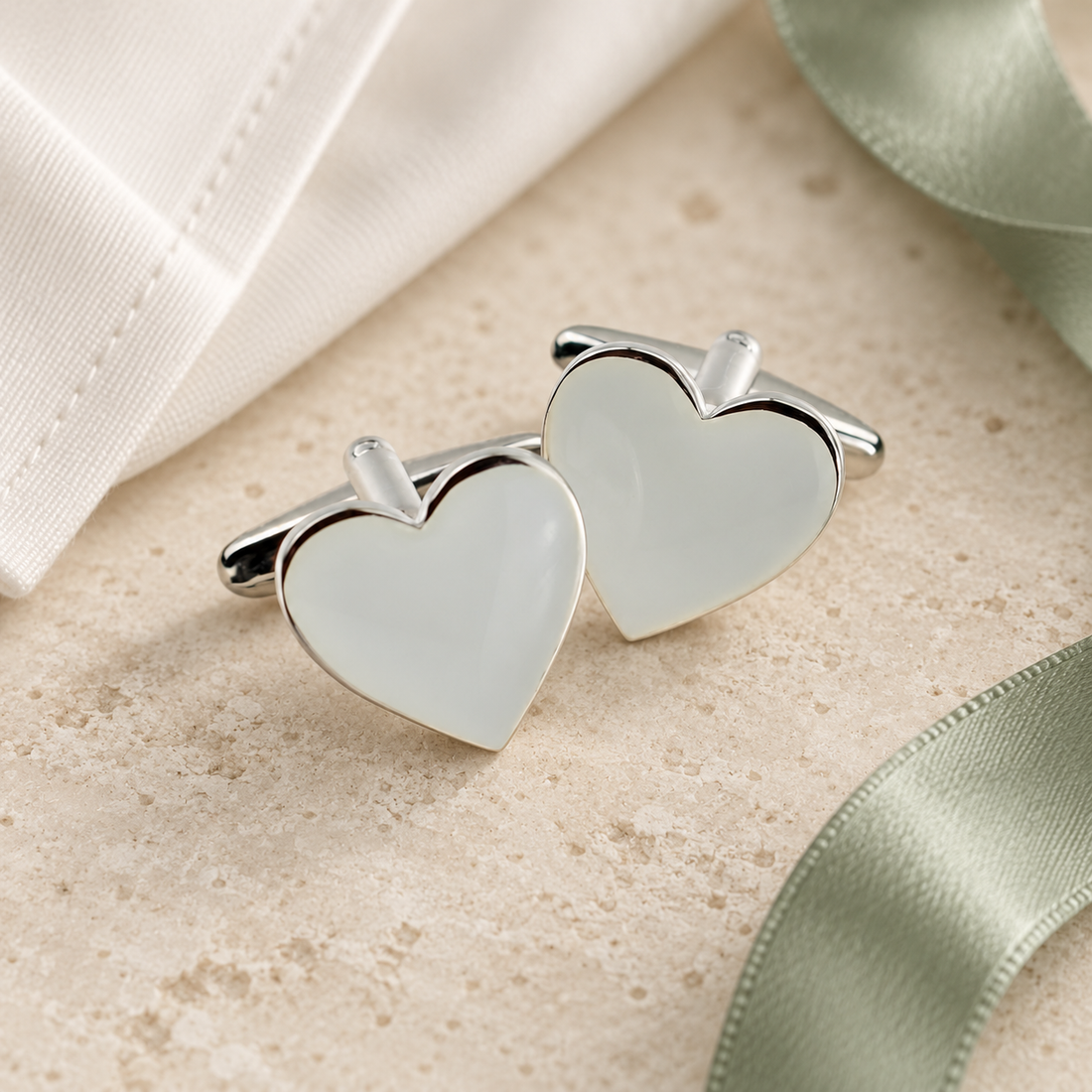 White Love Heart Cufflinks in a muted gift setting
