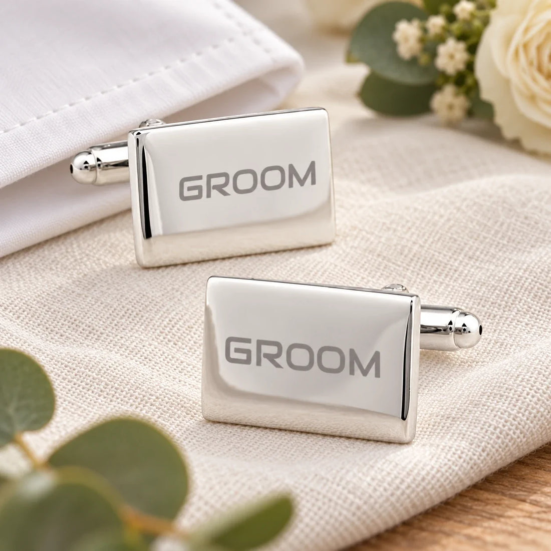 Groom Wedding Cufflinks in a muted gift setting