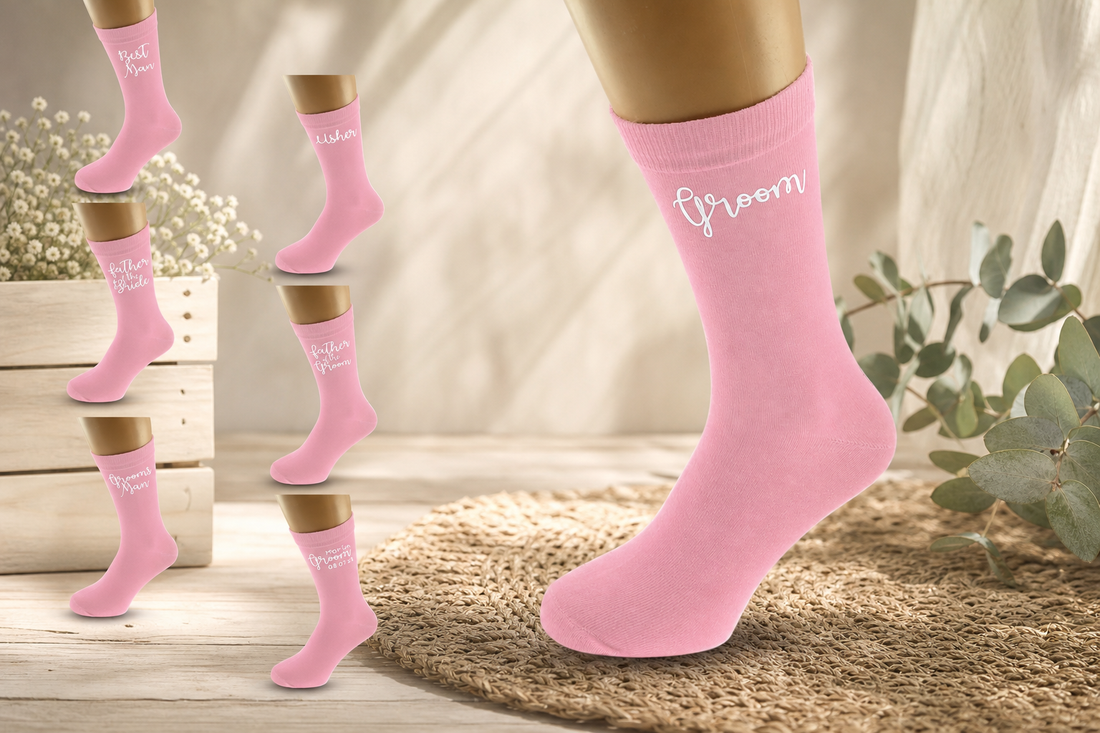 Groom Socks Wedding Pink Design in a themed gift-guide setting