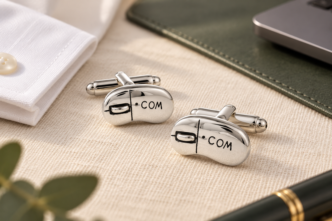 Silver-tone computer mouse cufflinks on ivory linen beside a shirt and sage desk mat