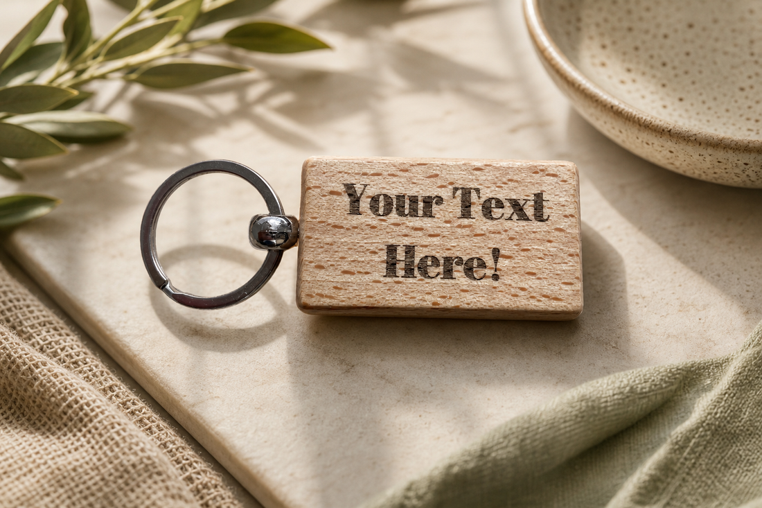 Personalised Keyring in a themed gift-guide setting