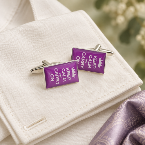 Purple Keep Calm cufflinks arranged on an ivory shirt