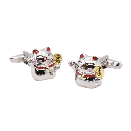 Silver Chinese Lucky Cat With Red Collar Cufflinks