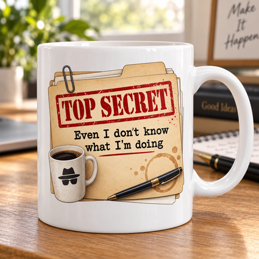 White mug with Top Secret file artwork and humorous job wording on an oak office desk