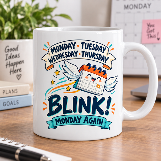White mug with a flying calendar and Monday Again office joke on a desk