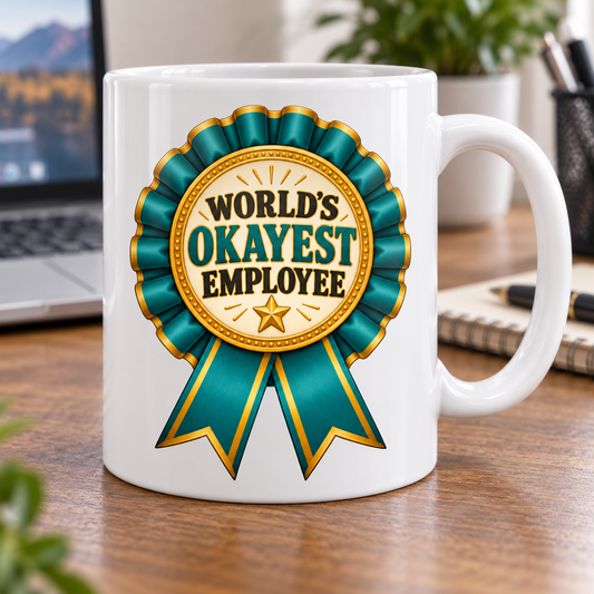 White World's Okayest Employee mug with a teal and gold award rosette